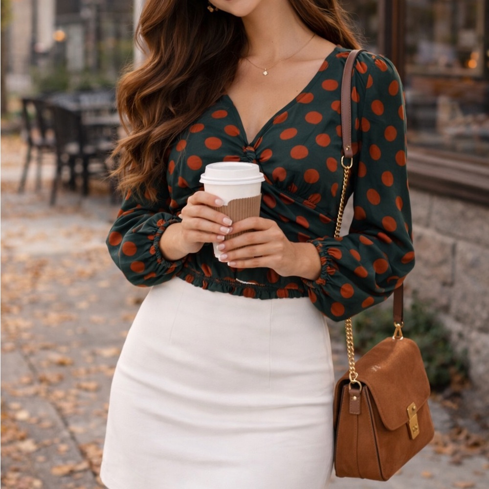 Polka Dot V-Neck Blouse - Green and Orange